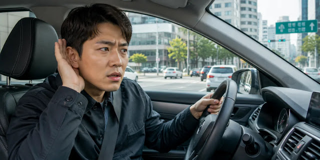 주행 중 발생한 브레이크 이상 소음을 확인하는 모습 브레이크 쇠 갈리는 소리를 확인하는 운전자의 신중 모습