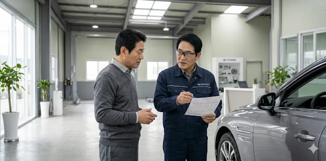 합리적인 디스크 연마 비용 지출을 위해 정비 명세서 내역을 꼼꼼히 확인하는 모습 자동차 브레이크 디스크 연마 비용 견적을 카센터에서 정비사와 상세히 비교하는 모습