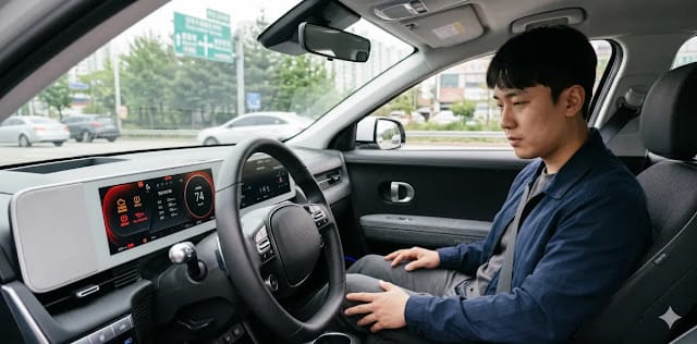 출발 전 오토 엔진 브레이크 상태와 계기판 경고등을 꼼꼼하게 살피는 모습
