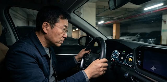 전자식 파킹 브레이크 오토홀드 차이점을 인지하고 계기판 경고등을 확인하는 모습 주행 중 계기판에 노란색 주차 브레이크 경고등이 선명하게 점등되어 있는 모습
