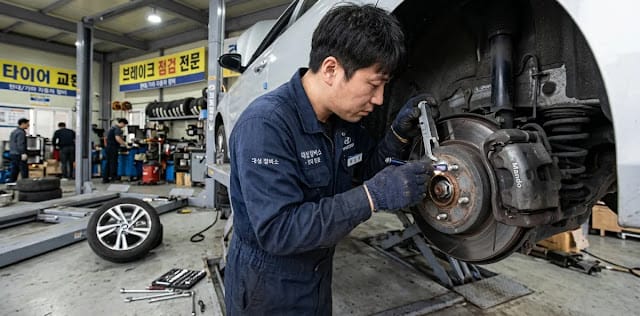 정차 중 오토홀드 브레이크 패드 마모 상태를 전문 정비사가 꼼꼼하게 살피는 모습 정비소 리프트에 올려진 차량 바퀴 안쪽 브레이크 디스크와 패드를 점검하는 장면