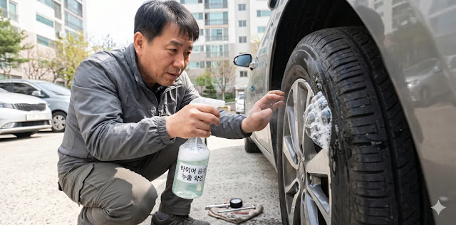 타이어 지렁이 공기 누설 확인을 위해 수리 부위에 비눗물을 뿌리는 모습