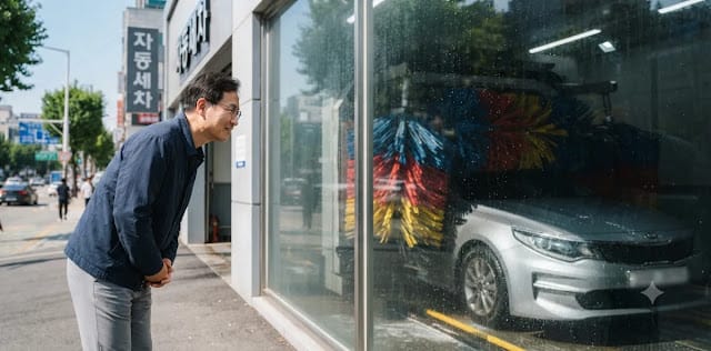 기계 원리에 따라 안전사고를 막고자 터널식 세차장 진입 주의사항 숙지하는 장면 차량 하부의 심각한 파손을 예방하려고 터널식 세차장 진입 주의사항을 읽고 있 모습