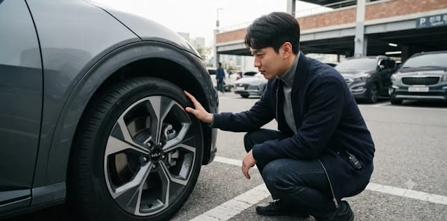 헷갈리는 자동차 계기판 느낌표 의미 확인을 위해 타이어와 제동 부품을 살피는 모습