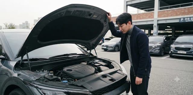 야외 주차장에 차를 세우고 보닛을 열어 엔진 경고등 켜짐 원인을 찾아보는 모습