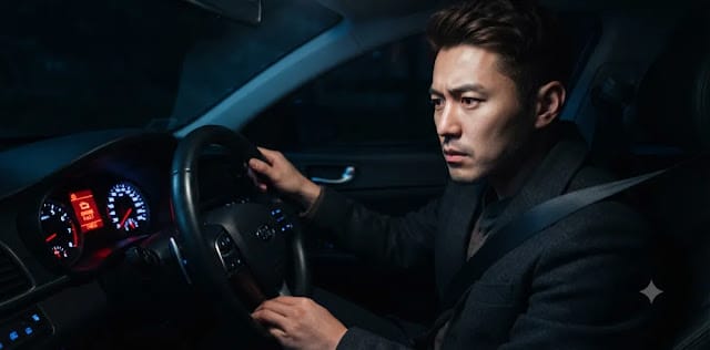 오일 부족에 따라 발생한 시스템 오류 신호를 안전하게 해결하기 위해 살피는 장면 계기판에 점등된 붉은색 주차 브레이크 경고등 알림을 주의 깊게 쳐다보는 모습