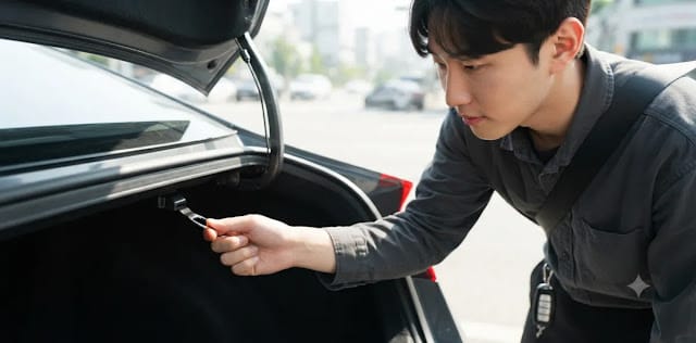 기계적 잠금을 풀기 위해 수동 해제 케이블 고리를 찾아서 손으로 힘껏 당겨보는 모습