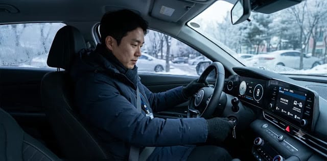 추운 날씨로 인해 발생한 겨울철 디젤차 시동 지연 문제로 당황해하는 모습