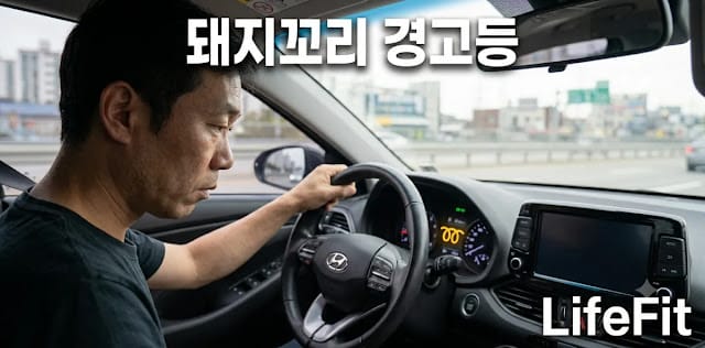 계기판에 점등된 자동차 돼지꼬리 마크 알림을 손가락으로 가리키며 살피는 장면