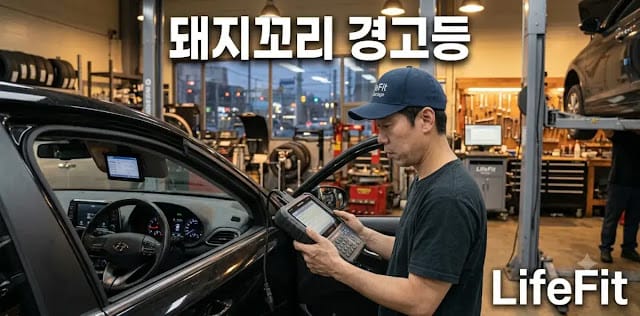 정비소에서 스캐너 진단 기기를 연결하여 DPF 경고등 원인 코드를 분석하는 모습