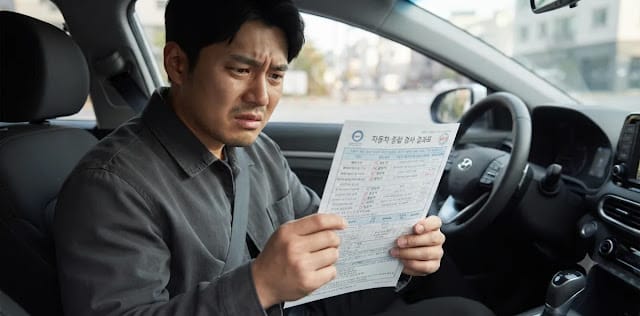자동차 정기검사 제동력 미달 판정을 받고 종이를 들여다보며 크게 당황하는 모습