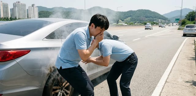 바퀴 쪽에서 심하게 나는 사이드 브레이크 냄새 때문에 코를 막고 서 있는 모습