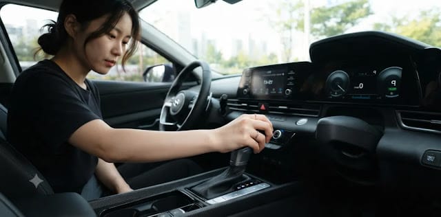 변속기 톱니바퀴 손상 문제를 원천적으로 차단하기 위해 주차 기어로 바꾸는 장면 모든 하중을 고정한 다음 마지막 기어 P 파킹 체결 순서 원리를 적용하는 모습
