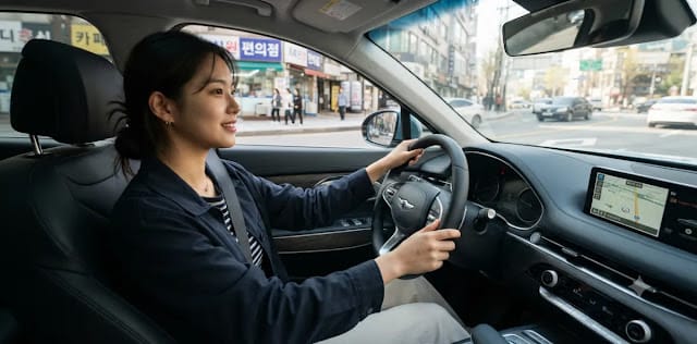 확실한 경사로 미끄럼 방지 효과를 얻기 위해 연석 쪽으로 타이어를 돌리는 장면 혹시 모를 사태를 대비하여 언덕길 주차 핸들 방향 각도를 벽 쪽으로 꺾는 모습