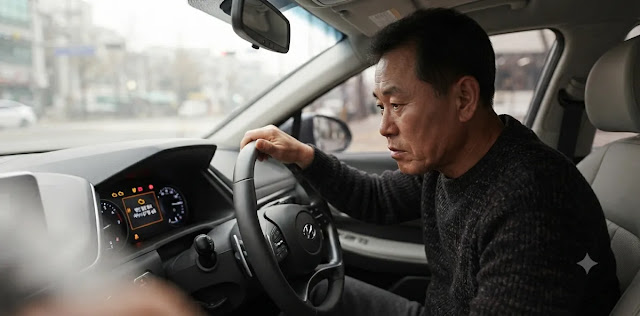 표시된 경고에 따라 사이드 브레이크 끽끽 원인을 분석하고자 화면을 살피는 장면 사이드 브레이크 끽끽 원인을 찾기 위해 계기판의 에러 경고 불빛을 자세히 살피는 모습
