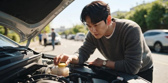 차량 제동 성능 저하 원인을 찾기 위해 리저브 탱크의 오일 잔량을 살피는 장면 차량 보닛을 열고 브레이크 오일 부족 상태인지 엔진룸 내부 탱크를 점검하는 모습