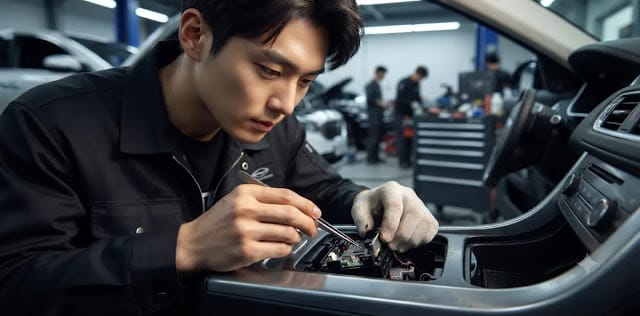 센터 콘솔을 분해한 뒤 오류를 일으키는 작은 전자 부품을 새것으로 교체하는 장면 차량 콘솔 박스 안쪽의 브레이크 스위치 접촉 불량 문제를 해결하고자 수리하는 모습
