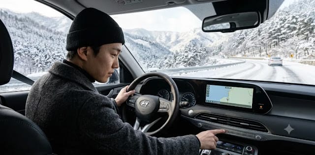 스위치 조작 후 계기판 알림창에서 실시간 타이어 공기압 수치 변화를 살펴보는 모습 미끄러운길 탈출을 위해 VDC OFF 버튼 사용법 설명서에 따라 스위치를 누르는 모습