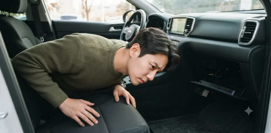 의자에 앉은 남성이 아래로 허리를 숙여 조수석 발밑 소음 원인을 확인하는 모습