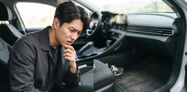 운전석에서 갑자기 커지는 자동차 비행기 소리 원인을 몰라 크게 당황하고 있는 장면