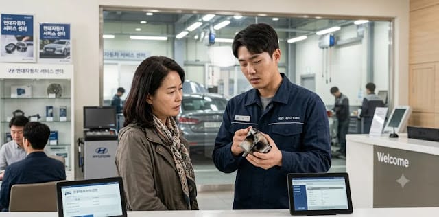 올바른 이상 소음 대처법에 따라 전문가에게 차량 고장 증상을 자세히 상담받는 장면 작업자가 고객에게 부품을 가리키며 미션 마운트 수명에 관해 자세히 설명해 주는 모습