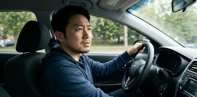 운전자가 차를 몰고 요철을 넘을 때 방지턱 찌그덕 소리를 듣고 불안해하는 모