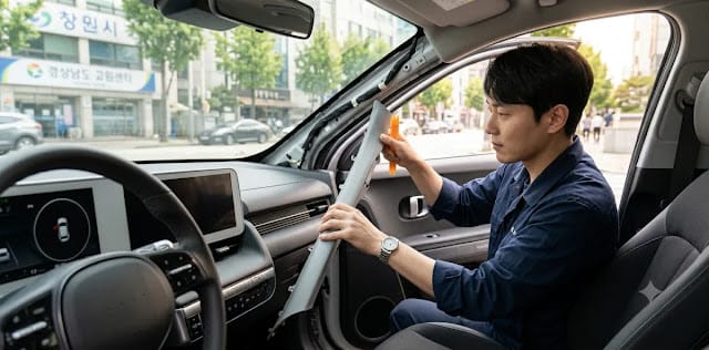 덮개 안쪽의 선을 정리하려고 안전한 A필러 탈거 방법을 순서대로 실천하는 모습