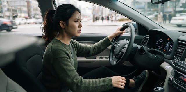 힘든 가파른 경사로에서 거친 오르막길 가속 페달 소리를 들으며 운전하는 장면