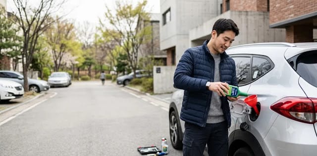 차량 연료 주입구에 액체를 넣으며 뛰어난 연료첨가제 노킹 효과를 기대해보는 모습