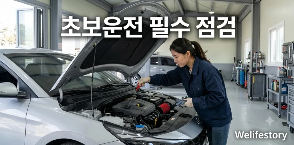 초보운전 자동차 관리를 시작하기 위해 엔진룸을 열고 꼼꼼하게 점검하고 있는 모습
