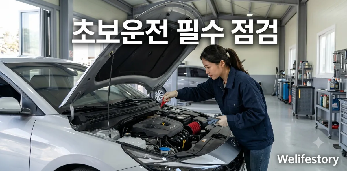 초보운전 자동차 관리를 시작하기 위해 엔진룸을 열고 꼼꼼하게 점검하고 있는 모습
