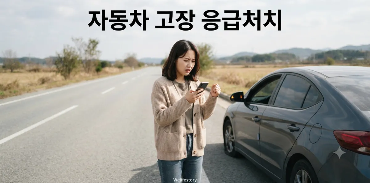 자동차 고장 응급처치를 위해 갓길에 정차한 차량 옆에서 당황해하는 여성 모습