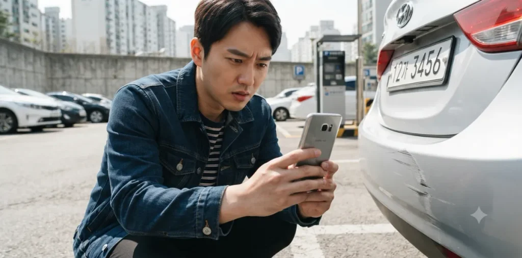 주차장 문콕 뺑소니 대처를 위해 스마트폰 카메라로 차량 범퍼 파손 부위를 찍는 모습