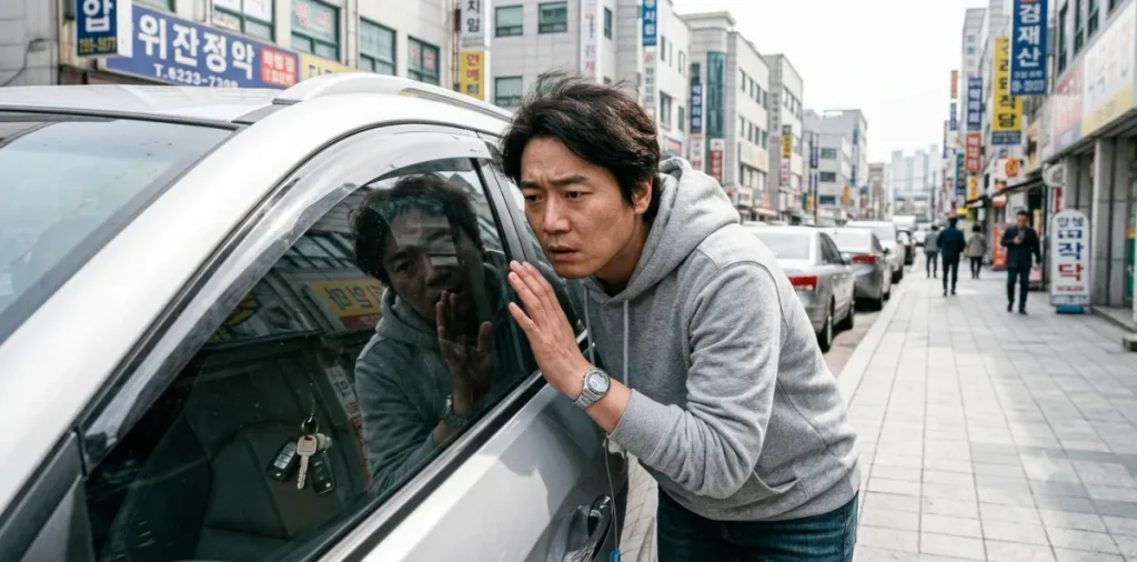 스마트키 차안에 방치된 상태인지 확인하기 위해 창문 너머로 실내를 살피는 모습