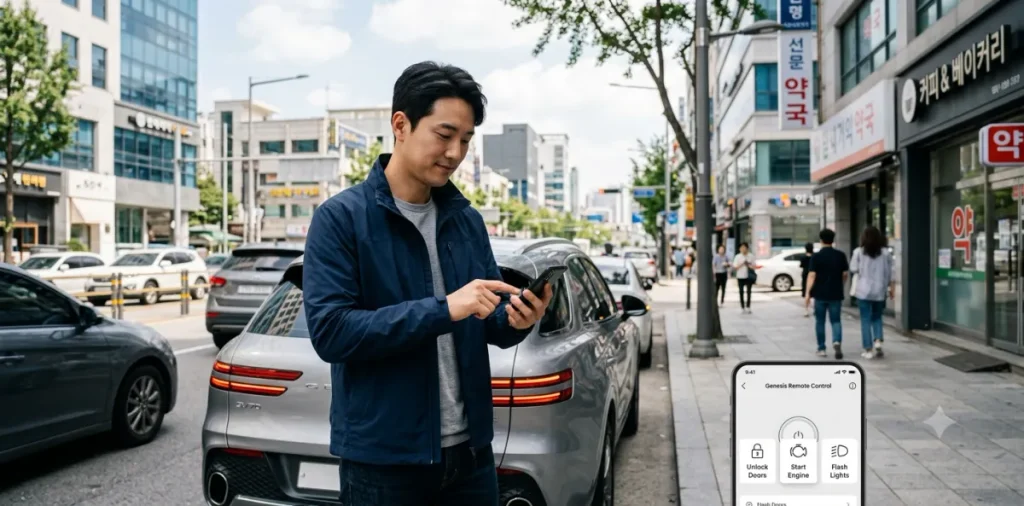 자동차 문 잠겼을때 여는법 적용을 위해 폰 커넥티드 앱을 켜서 원격 조작하는 모습