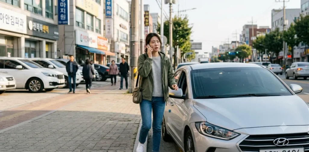 폰 연동이 안 되어 보험사 긴급출동 부르는법 확인 후 콜센터에 즉각 전화를 거는 모습