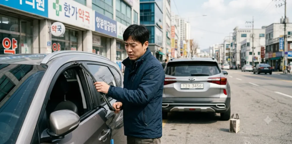 철사로 문여는법 편법을 쓰다가 유리창 고무 웨더스트립이 찢어져 훼손되는 장면