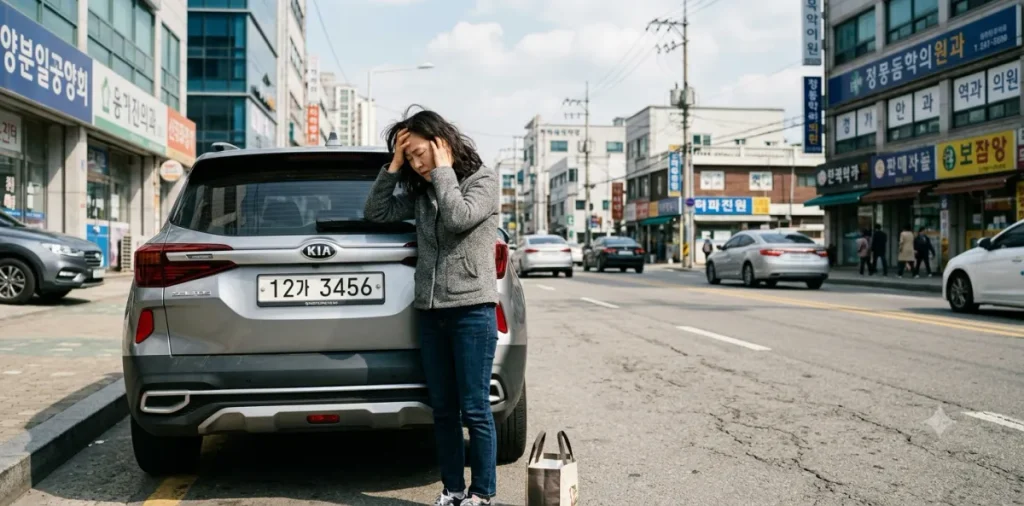 짐을 싣던 도중 트렁크에 키 두고 닫았을때 열리지 않아 밖에서 머리를 감싸 쥐는 모습