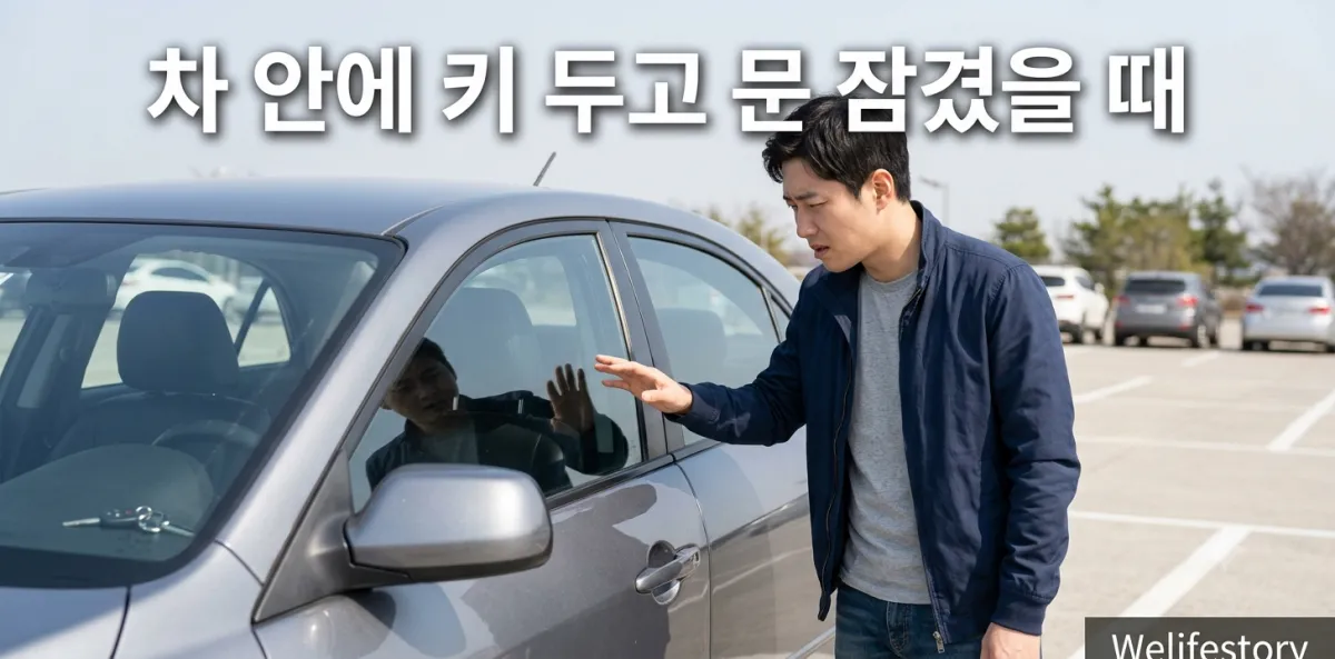 차 안에 키 두고 문 잠겼을 때 해결을 위해 닫힌 차 문을 보며 고민하는 남성