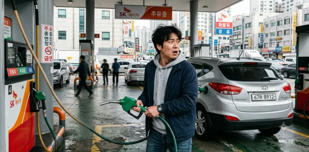 경유차에 휘발유 넣었을때 피해를 막기 위해 조급한 마음으로 상황을 살피는 장면