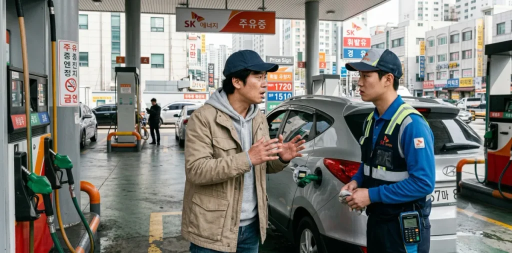정당한 주유소 혼유 보상 절차를 밟기 위해 직원과 대화하며 책임 소재를 묻는 장면