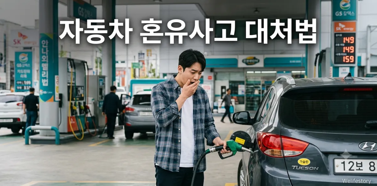 자동차 혼유사고 대처법 확인을 위해 주유기를 들고 멈춰 선 채 놀란 남성의 모습