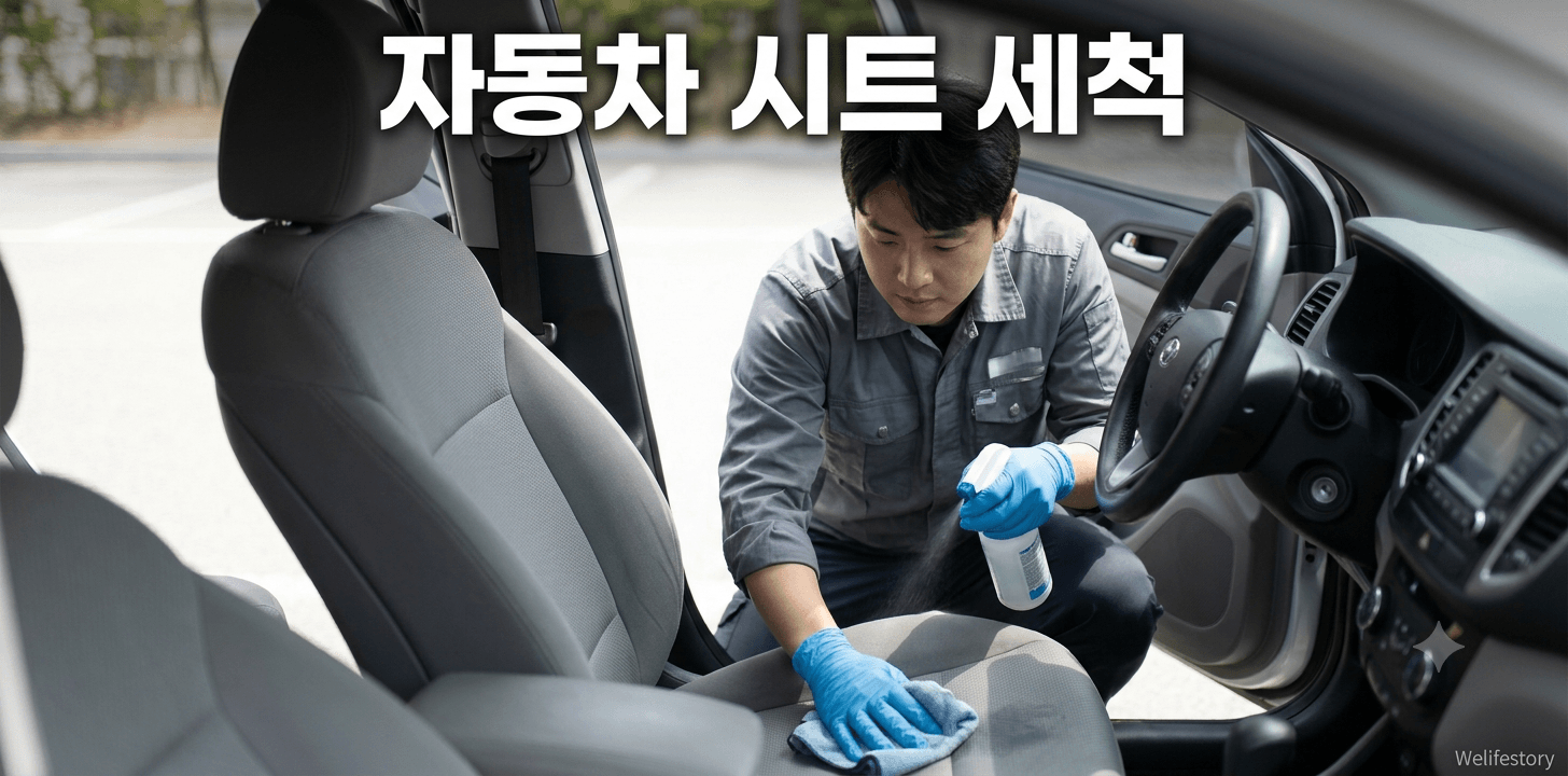자동차 시트 얼룩 제거 작업을 위해 오염된 차량 내부를 살피는 남성의 모습