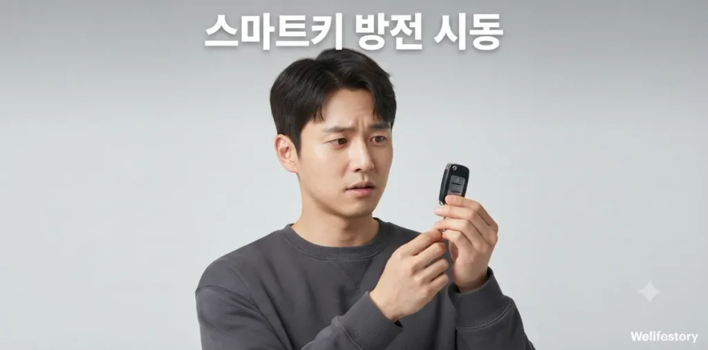 스마트키 방전 시동 상황에서 곤란한 표정으로 서 있는 젊은 남성 운전자의 모습