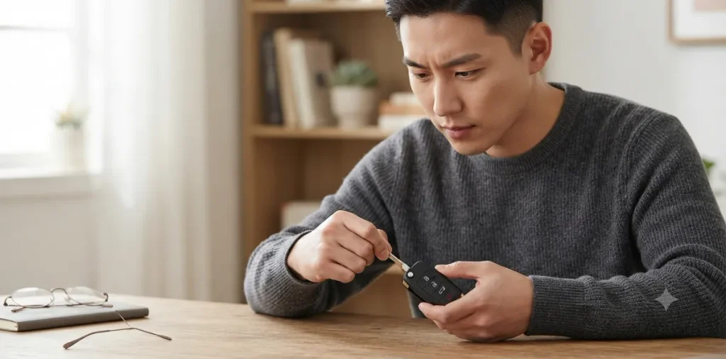 리모컨 스위치를 꾹 누르고 내부에 숨겨진 스마트키 비상키 금속 열쇠를 뽑는 장면