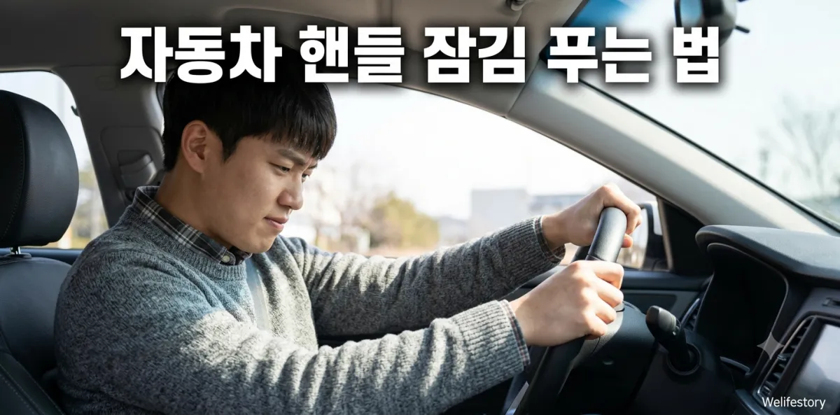 자동차 핸들 잠김 푸는 법 확인을 위해 굳은 운전대를 양손으로 잡고 돌려보는 모습