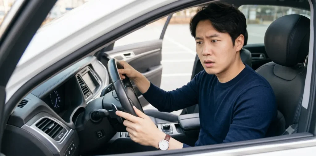 스티어링 휠 잠금 원리 파악을 위해 뻣뻣한 조향장치를 만지며 당황하는 운전자 모습
