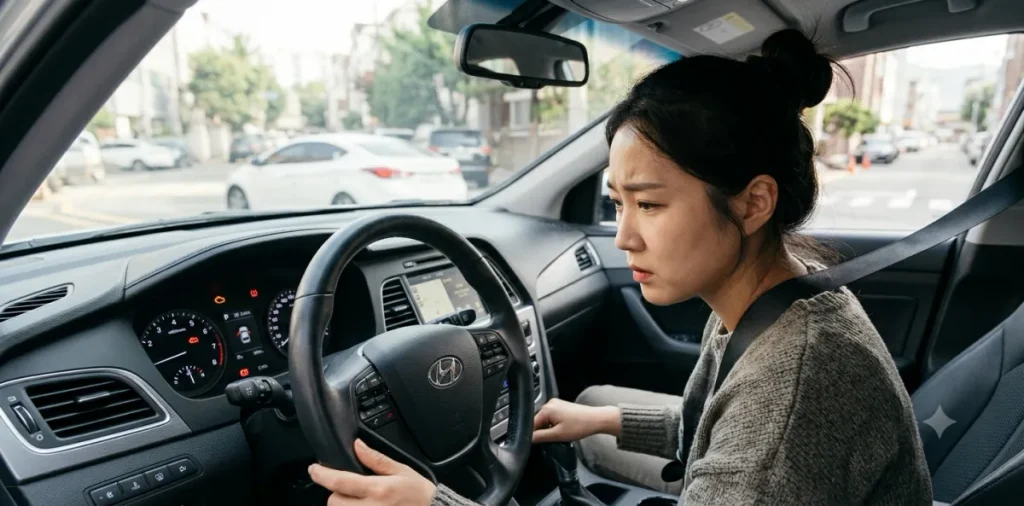 차량 계기판에 뜬 이모빌라이저 경고등 점멸 상태를 살펴보는 여성 운전자 모습