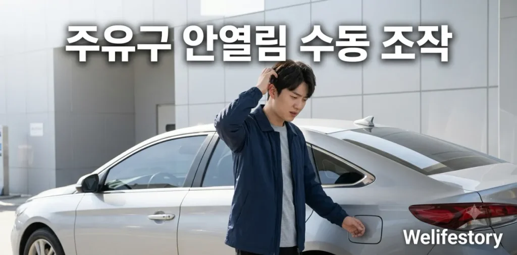 주유구 안열림 수동 조작 방법을 찾으며 차 옆에서 당황하고 있는 운전자 모습