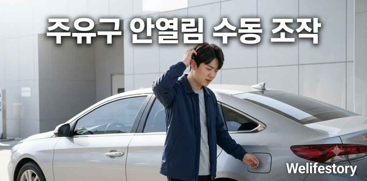 주유구 안열림 수동 조작 방법을 찾으며 차 옆에서 당황하고 있는 운전자 모습